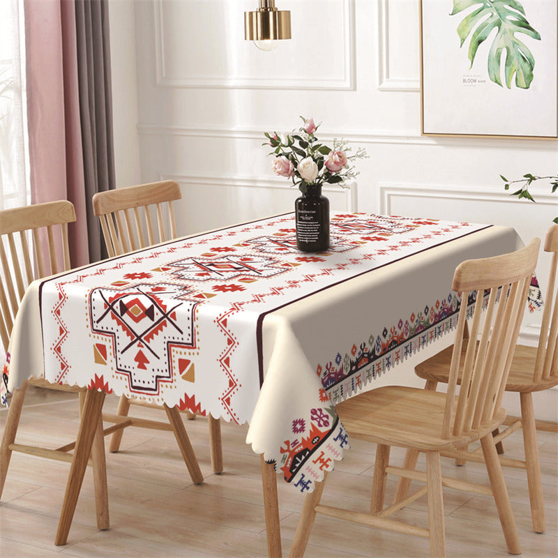 Aperturee - White And Red Pattern Ethnic Rectangle Tablecloth