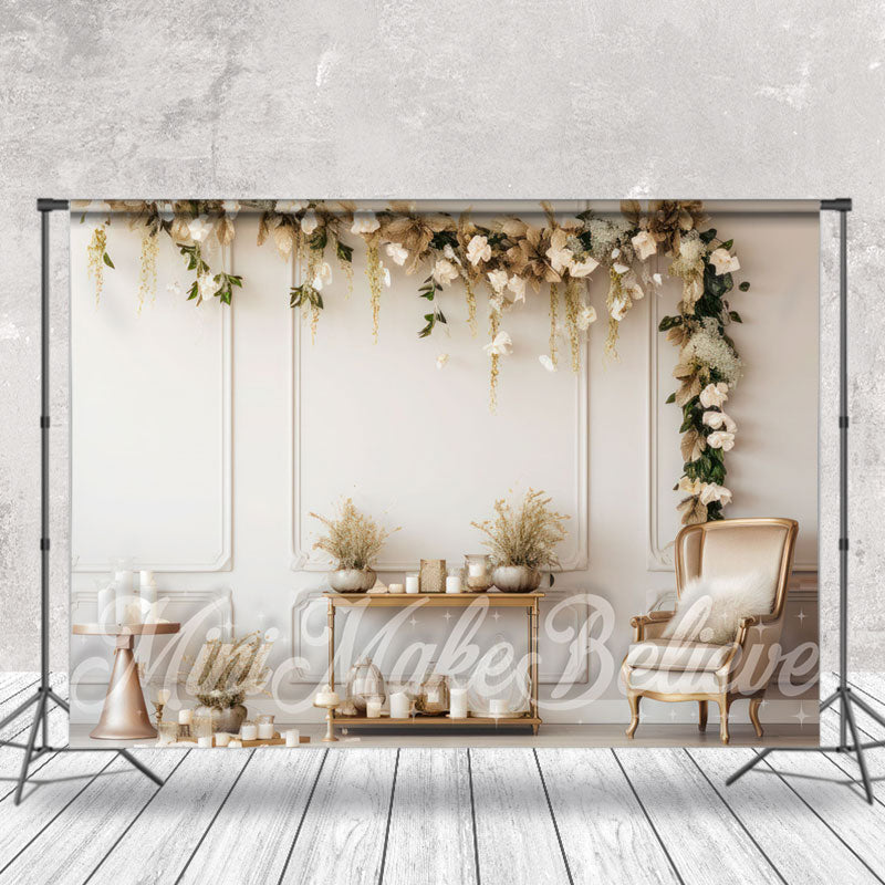 Aperturee - White Art Wall Floral Birthday Cake Smash Backdrop