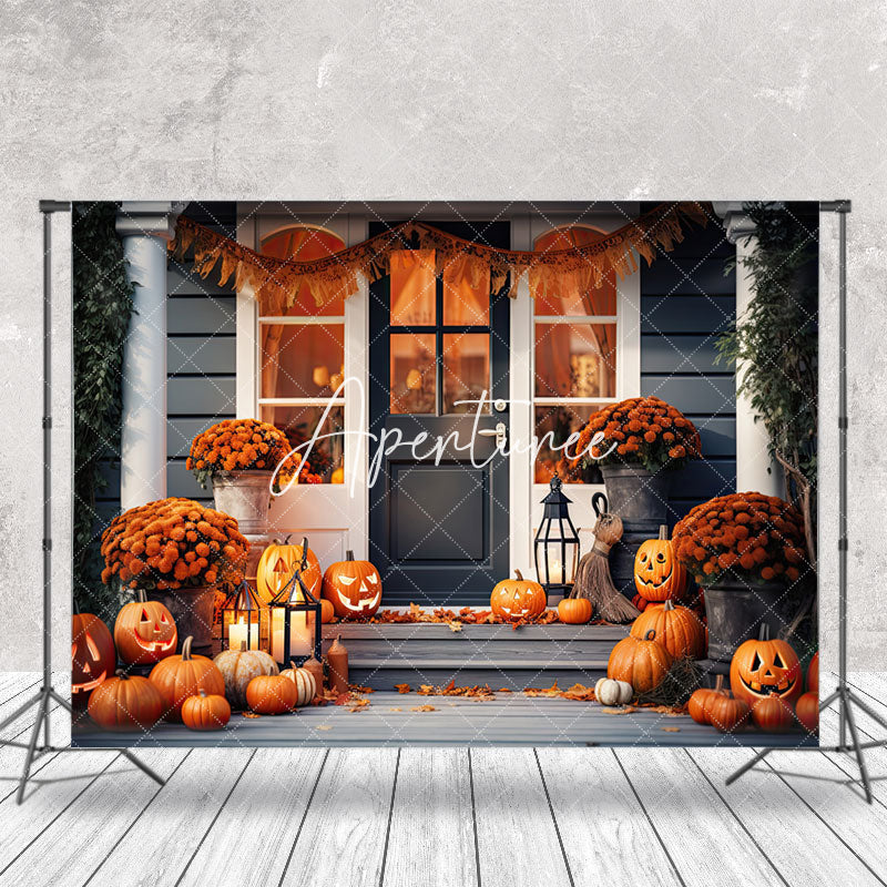 Aperturee - White Black Door Pumpkins Floral Autumn Backdrop