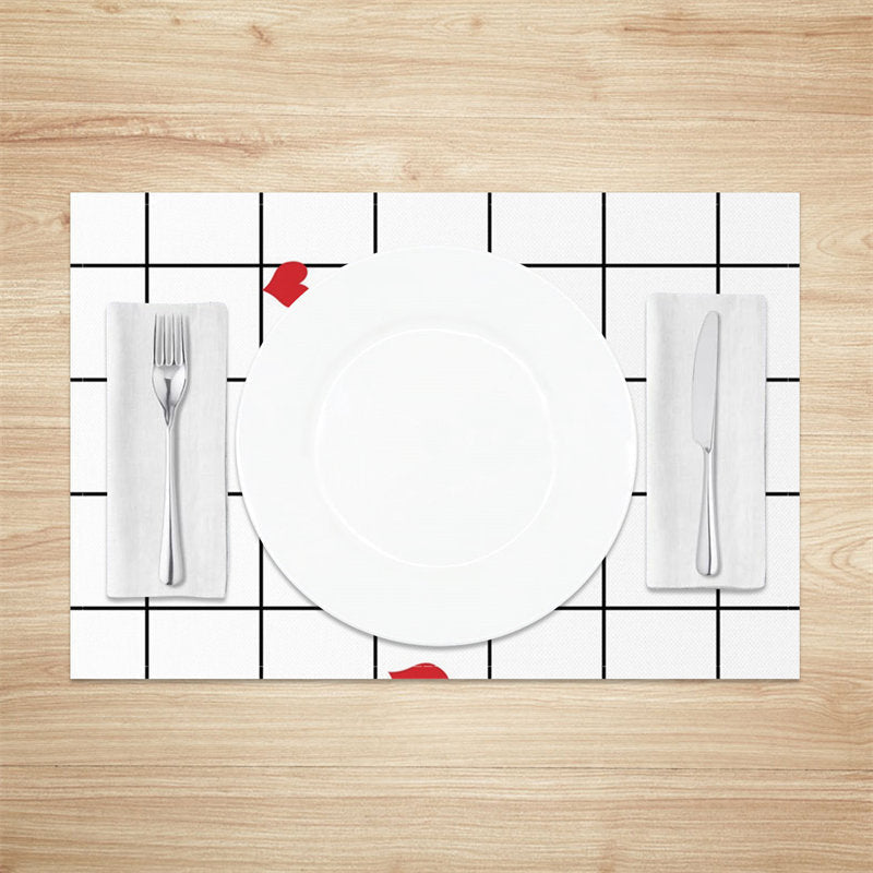 Aperturee - White Black Plaid Red Heart Table Set Of 4 Placemats