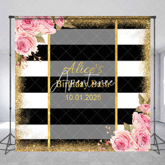 Aperturee - White Black Stripe Flower Custom Birthday Backdrop