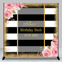 Aperturee - White Black Stripe Flower Custom Birthday Backdrop