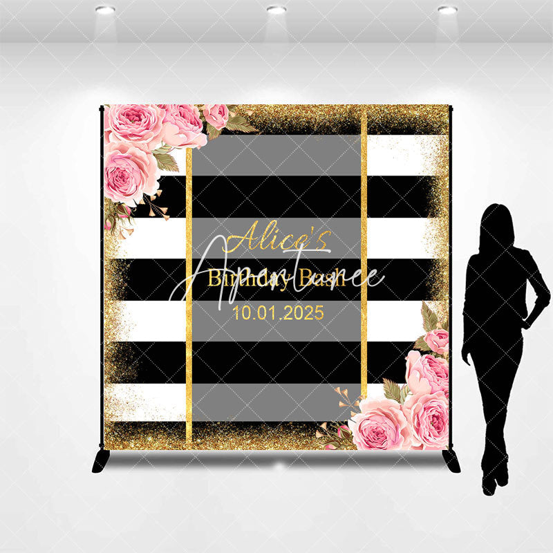 Aperturee - White Black Stripe Flower Custom Birthday Backdrop