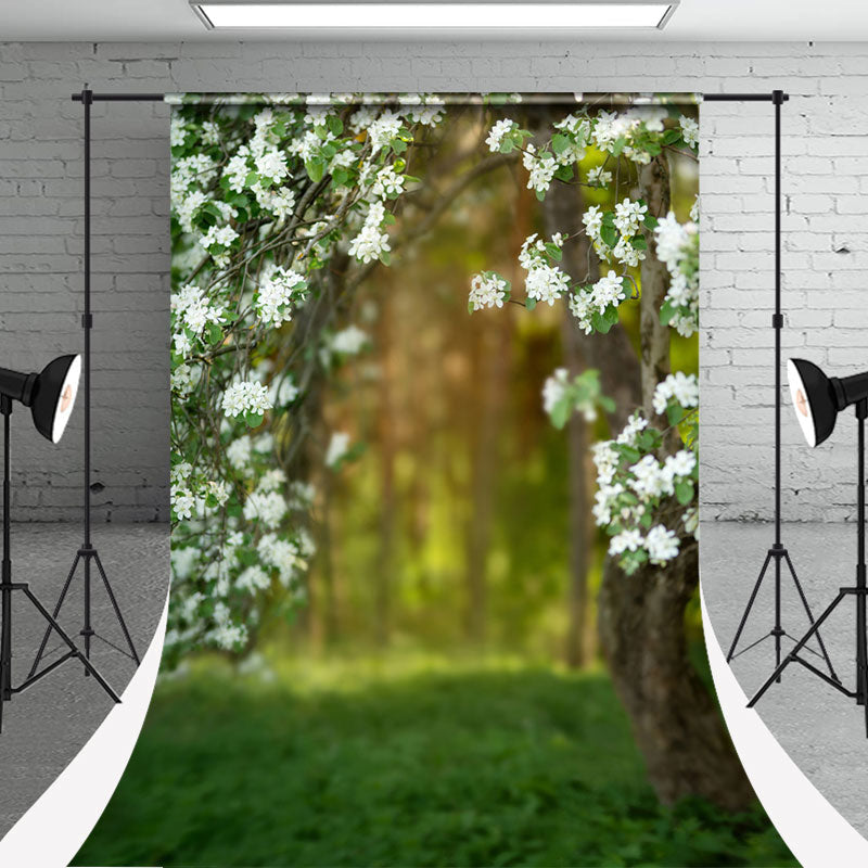 Aperturee - White Blooming Flowers Forest Photo Sweep Backdrop