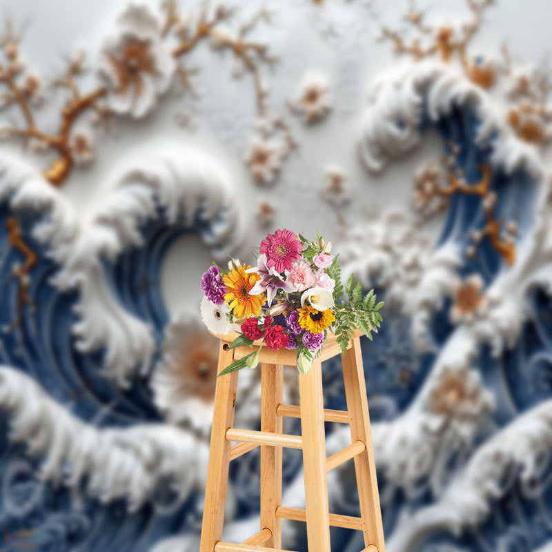 Aperturee - White Blue 3D Wall Flowers Art Photography Backdrop