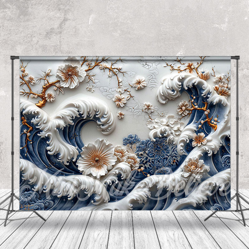 Aperturee - White Blue 3D Wall Flowers Art Photography Backdrop