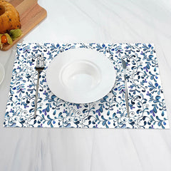 Aperturee - White Blue Abstract Leaf Vintage Set Of 4 Placemats