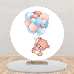 Aperturee - White Blue Bear Balloon Round Baby Shower Backdrop