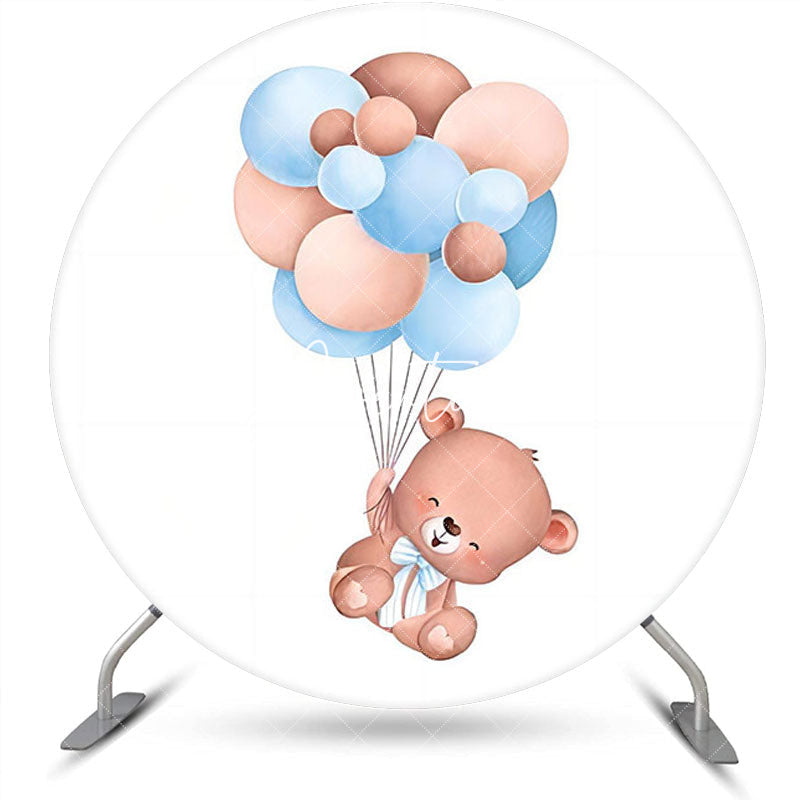 Aperturee - White Blue Bear Balloon Round Baby Shower Backdrop