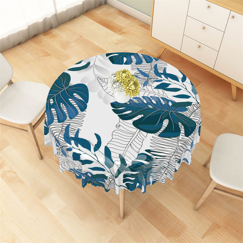 Aperturee - White Blue Black Tropical Plants Round Tablecloth