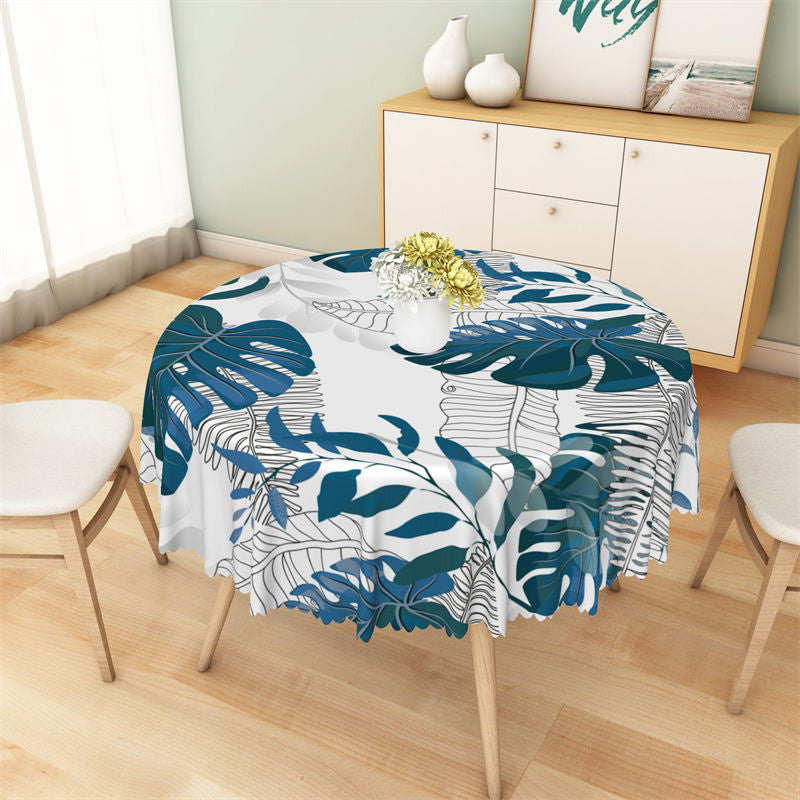 Aperturee - White Blue Black Tropical Plants Round Tablecloth