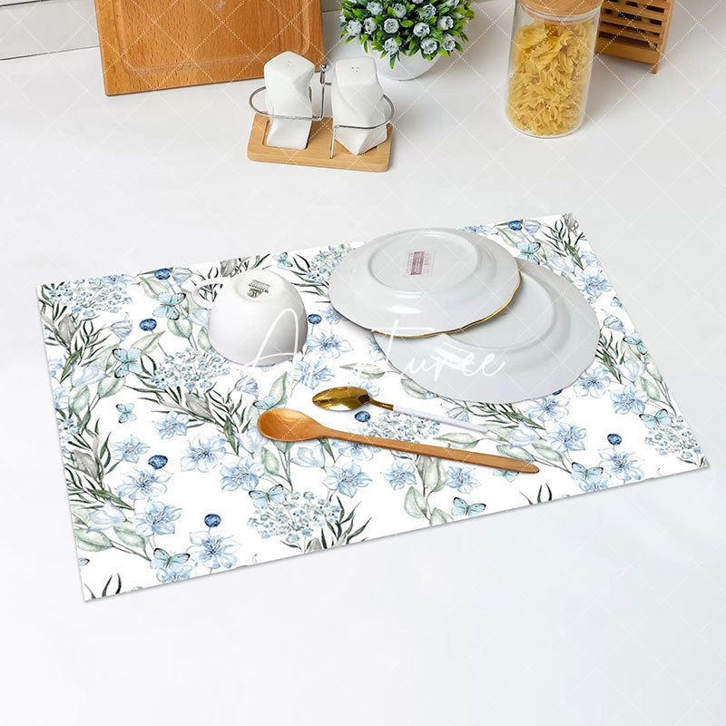 Aperturee - White Blue Floral Greenery Spring Set Of 4 Placemats