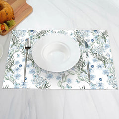 Aperturee - White Blue Floral Greenery Spring Set Of 4 Placemats