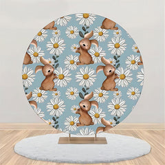 Aperturee - White Blue Floral Rabbits Round Birthday Backdrop