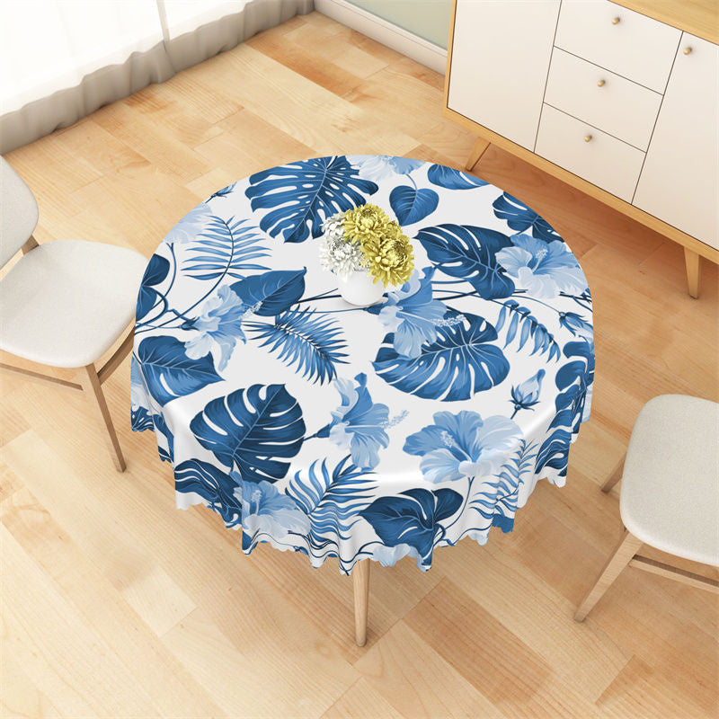 Aperturee - White Blue Flowers Tropical Leaves Round Tablecloth