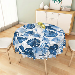 Aperturee - White Blue Flowers Tropical Leaves Round Tablecloth