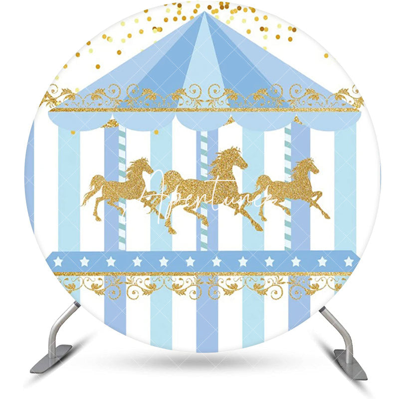 Aperturee - White Blue Gold Carousel Circus Round Party Backdrop