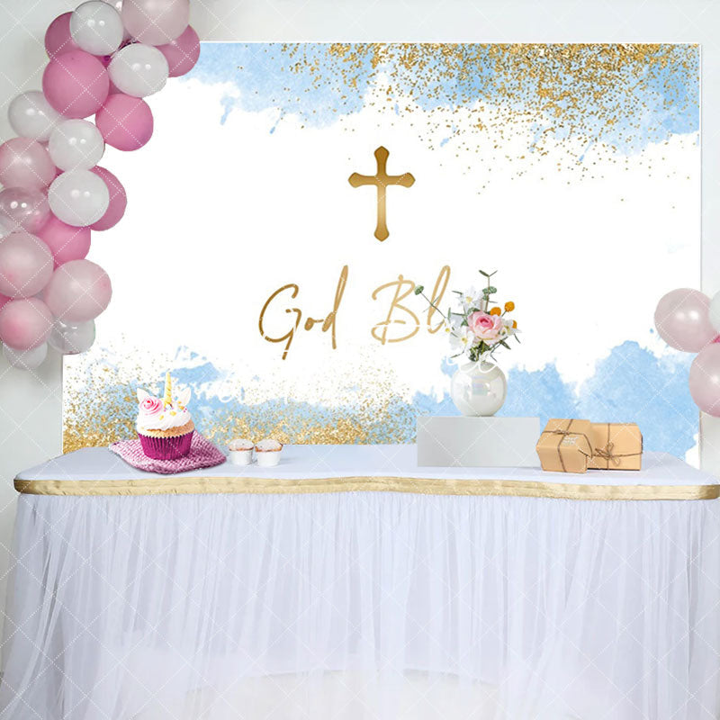 Aperturee - White Blue Gold Cross God Bless Baptism Backdrop