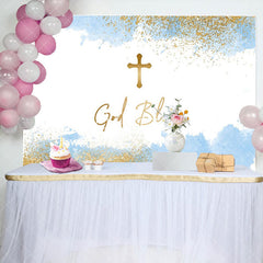 Aperturee - White Blue Gold Cross God Bless Baptism Backdrop