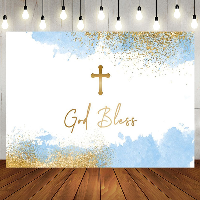 Aperturee - White Blue Gold Cross God Bless Baptism Backdrop