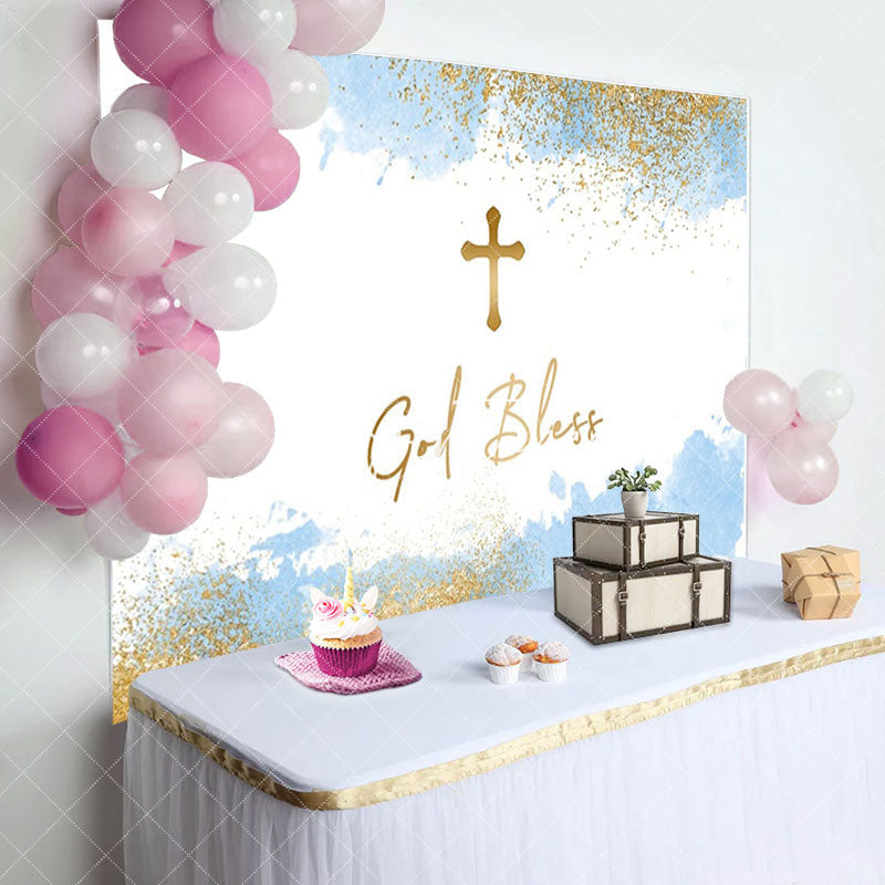 Aperturee - White Blue Gold Cross God Bless Baptism Backdrop