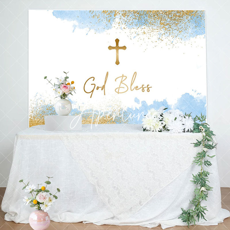 Aperturee - White Blue Gold Cross God Bless Baptism Backdrop