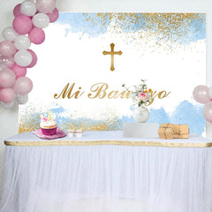 Aperturee - White Blue Gold Cross Mi Bautizo Baptism Backdrop