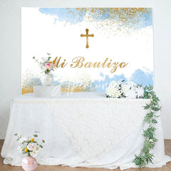 Aperturee - White Blue Gold Cross Mi Bautizo Baptism Backdrop