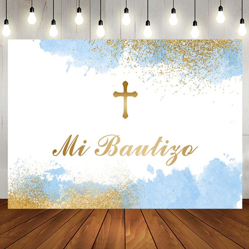 Aperturee - White Blue Gold Cross Mi Bautizo Baptism Backdrop