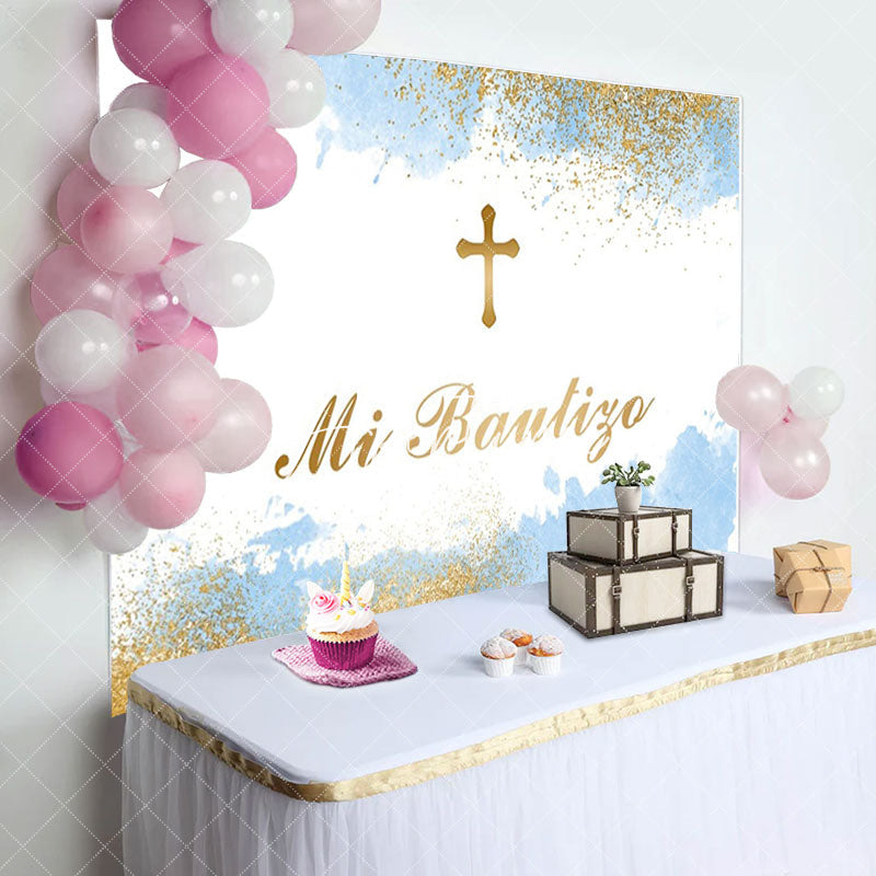 Aperturee - White Blue Gold Cross Mi Bautizo Baptism Backdrop