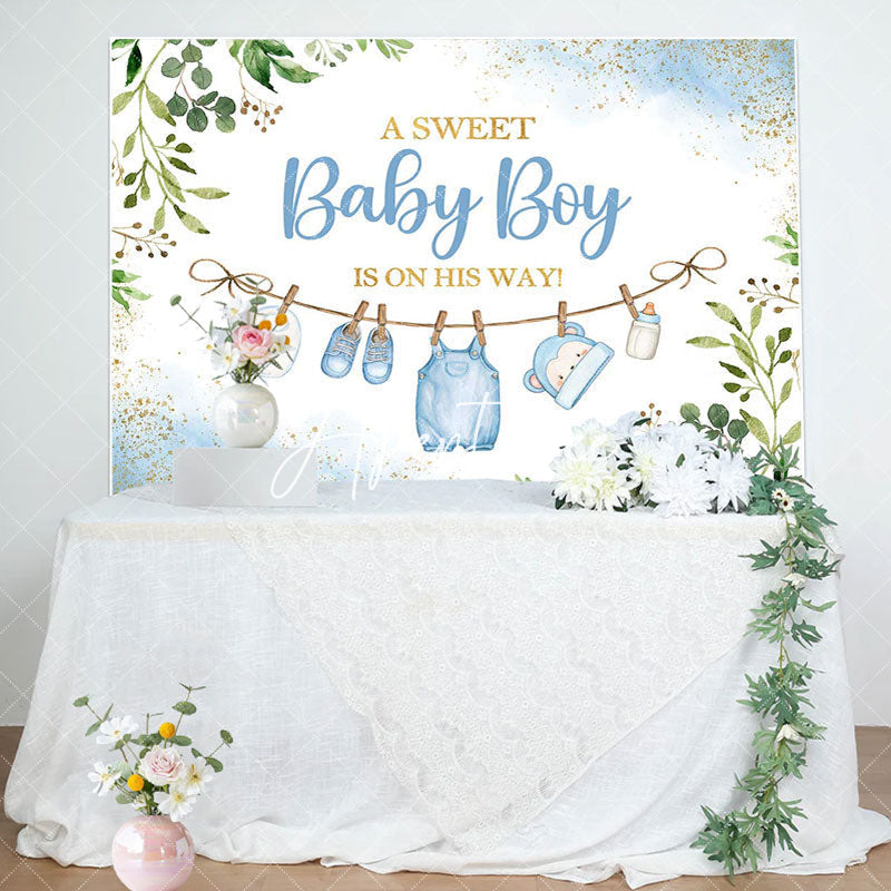 Aperturee - White Blue Green Leaves Boys Baby Shower Backdrop