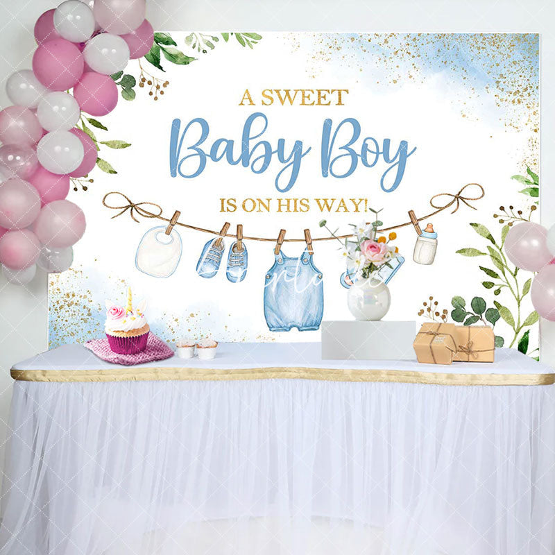 Aperturee - White Blue Green Leaves Boys Baby Shower Backdrop