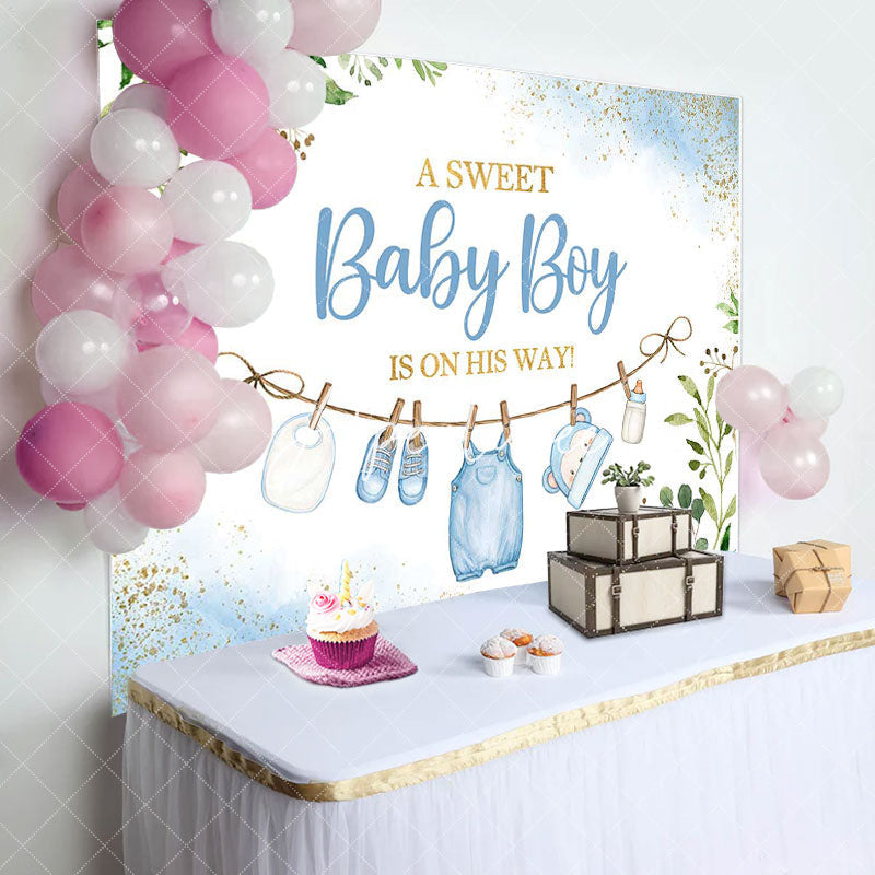 Aperturee - White Blue Green Leaves Boys Baby Shower Backdrop