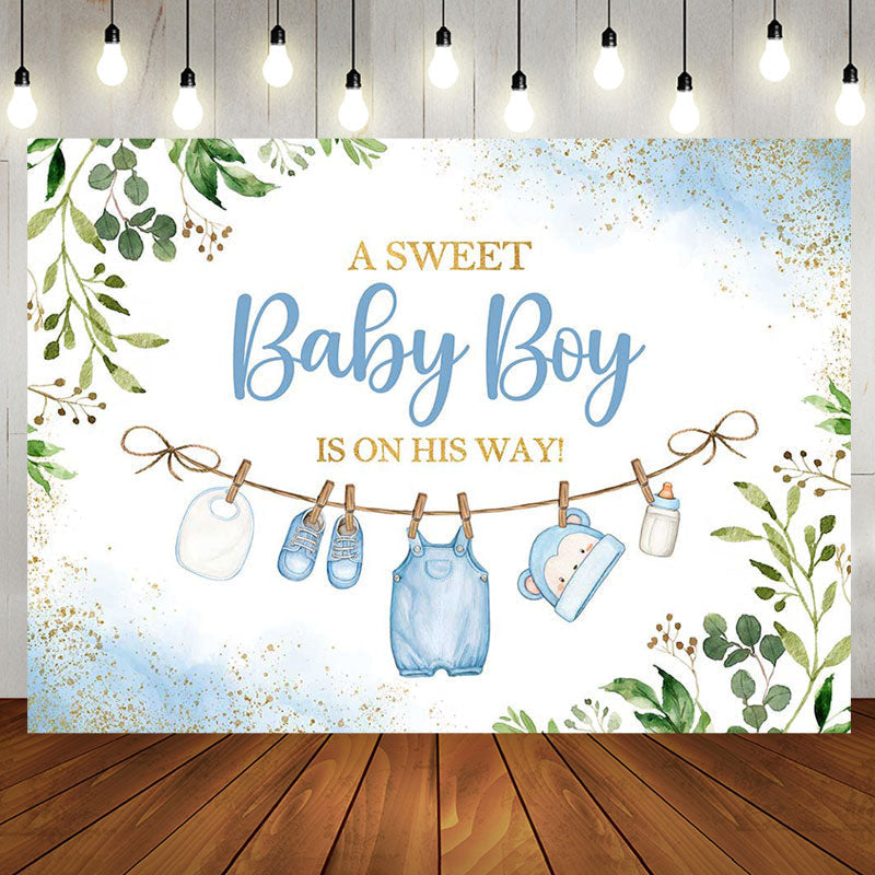 Aperturee - White Blue Green Leaves Boys Baby Shower Backdrop