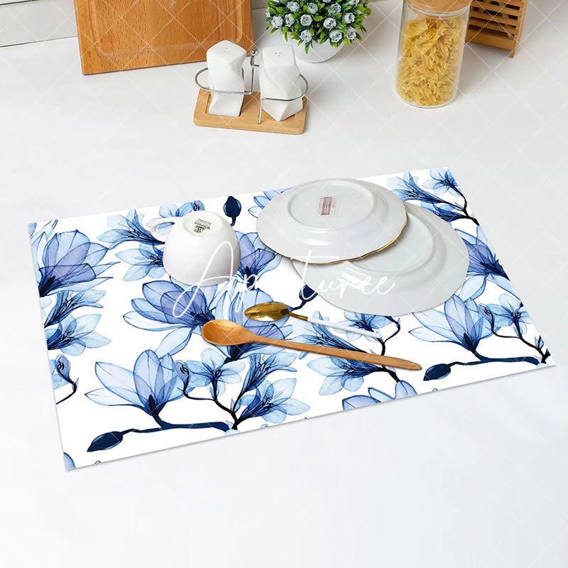 Aperturee - White Blue Ink Floral Vintage Set Of 4 Placemats