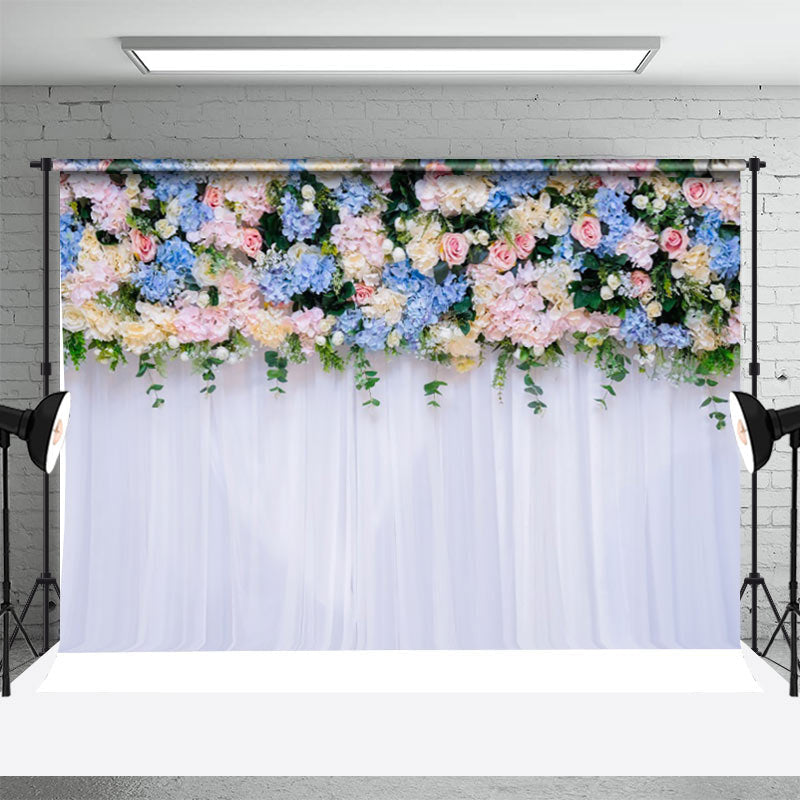 Aperturee - White Blue Pink Floral Greenery Wedding Backdrop