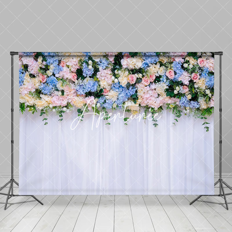 Aperturee - White Blue Pink Floral Greenery Wedding Backdrop