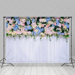 Aperturee - White Blue Pink Floral Greenery Wedding Backdrop