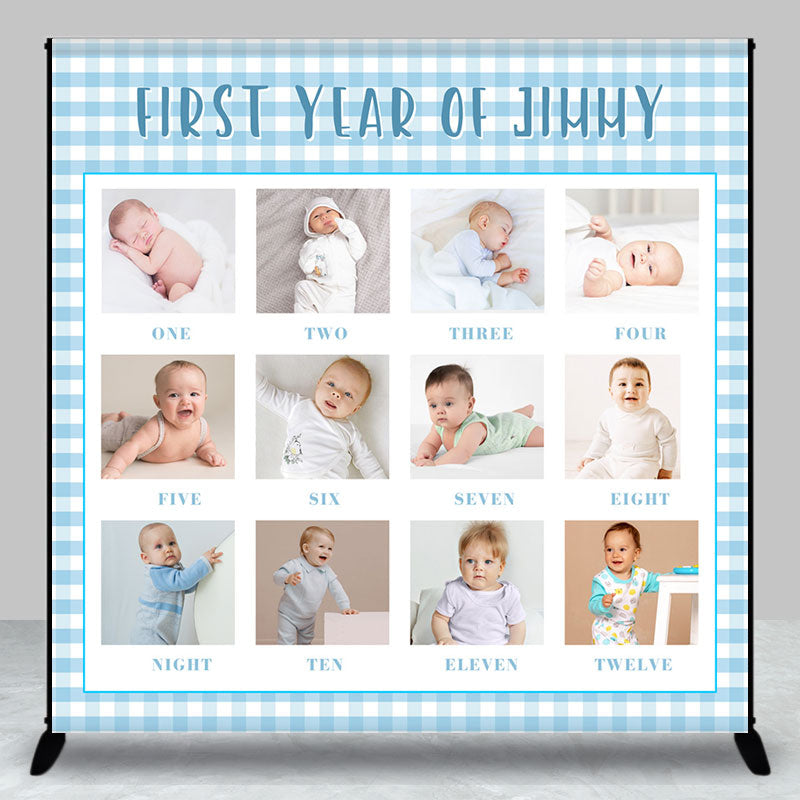 Aperturee - White Blue Plaid Custom 1st Birthday Photo Backdrop