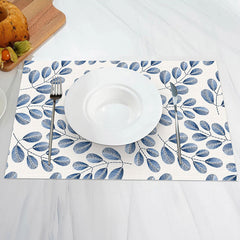 Aperturee - White Blue Plant Leaves Modern Set Of 4 Placemats