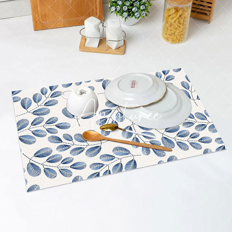 Aperturee - White Blue Plant Leaves Modern Set Of 4 Placemats