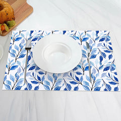 Aperturee - White Blue Plant Leaves Vintage Set Of 4 Placemats