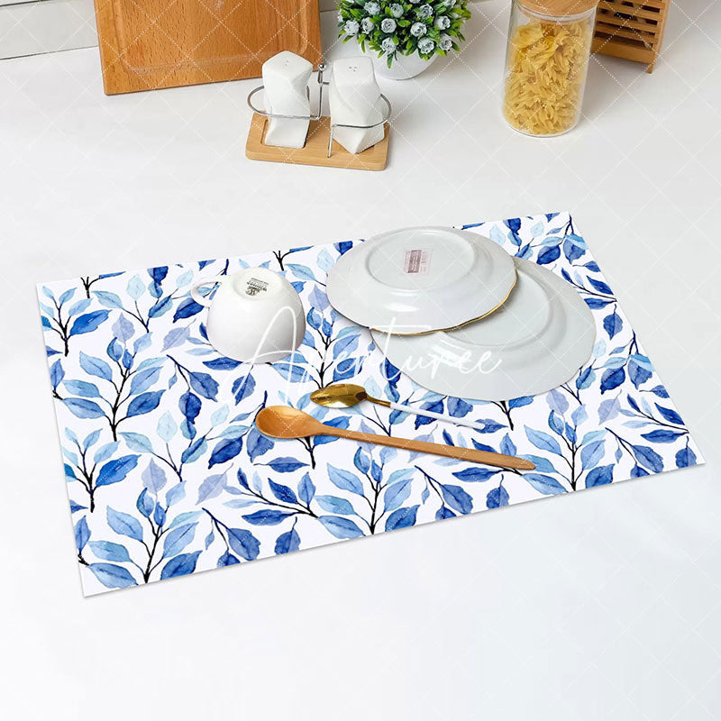 Aperturee - White Blue Plant Leaves Vintage Set Of 4 Placemats