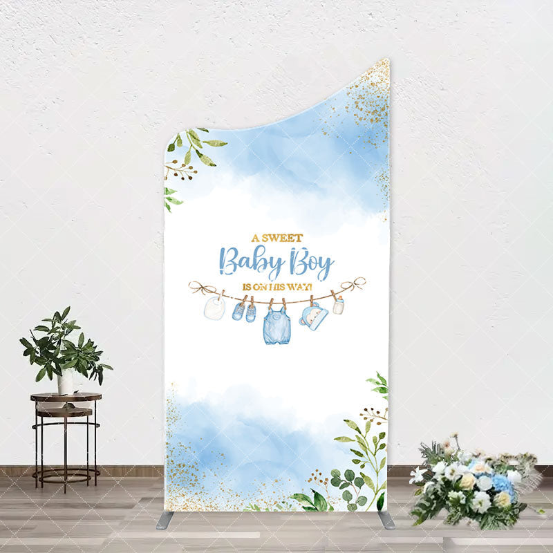 Aperturee - White Blue Spring Leaf Sweet Baby Boy Arch Backdrop