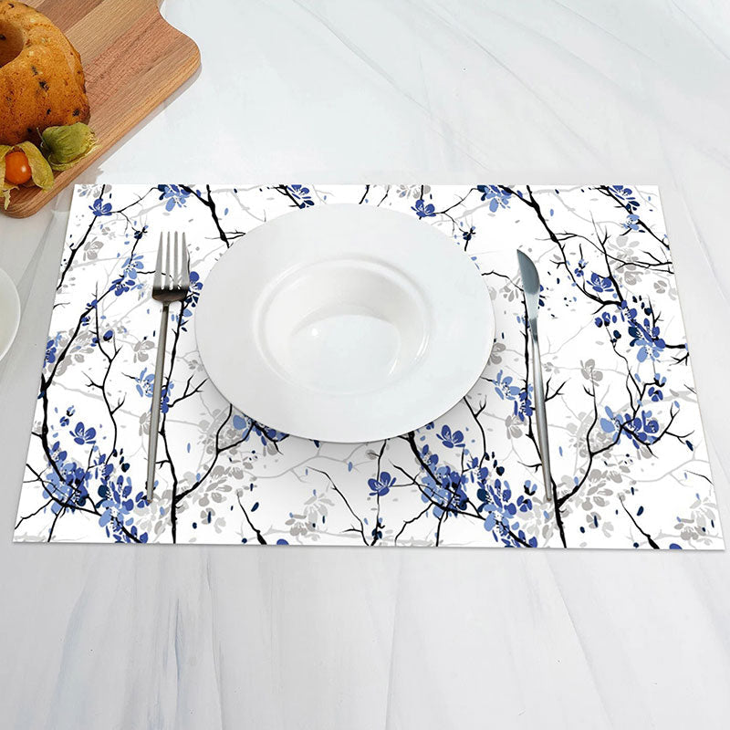 Aperturee - White Blue Trunk Floral Vintage Set Of 4 Placemats