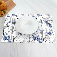 Aperturee - White Blue Trunk Floral Vintage Set Of 4 Placemats