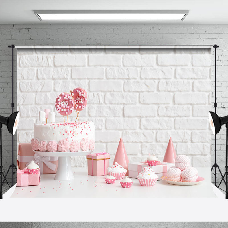 Aperturee - White Brick Wall Pink Desserts Cake Smash Backdrop