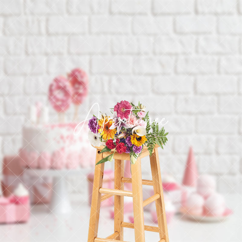 Aperturee - White Brick Wall Pink Desserts Cake Smash Backdrop