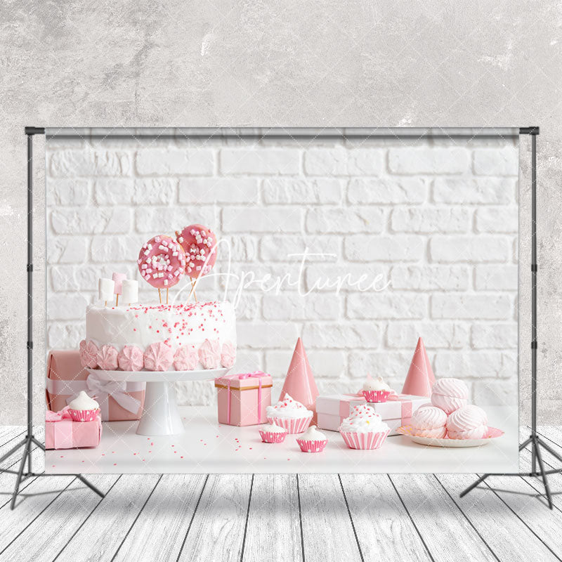 Aperturee - White Brick Wall Pink Desserts Cake Smash Backdrop