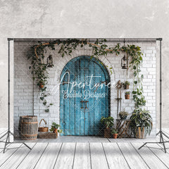 Aperturee - White Brick Wall Retro Wooden Door Wedding Backdrop